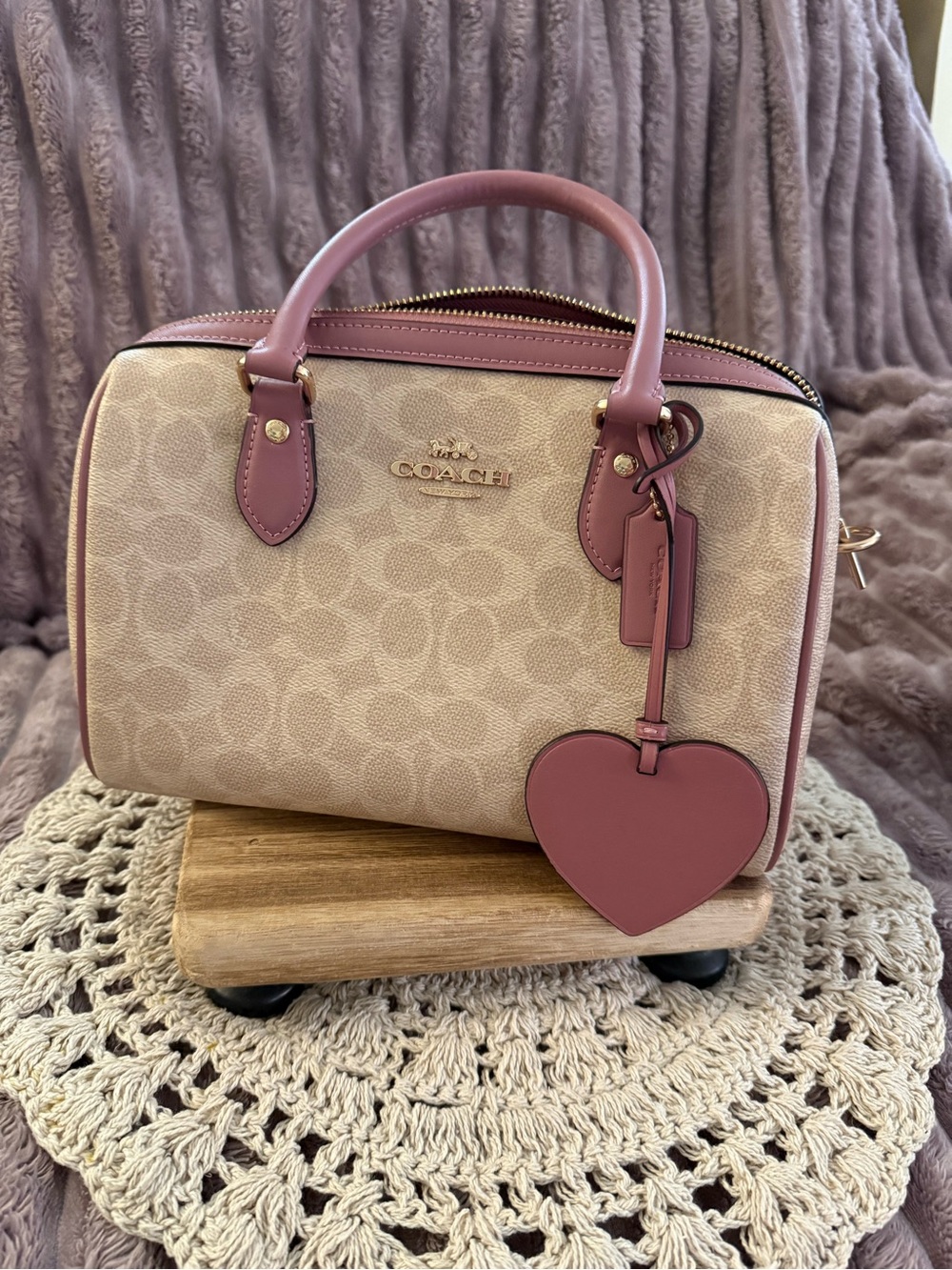 Coach Beige Signature Satchel with Pink Trim and Heart Tag